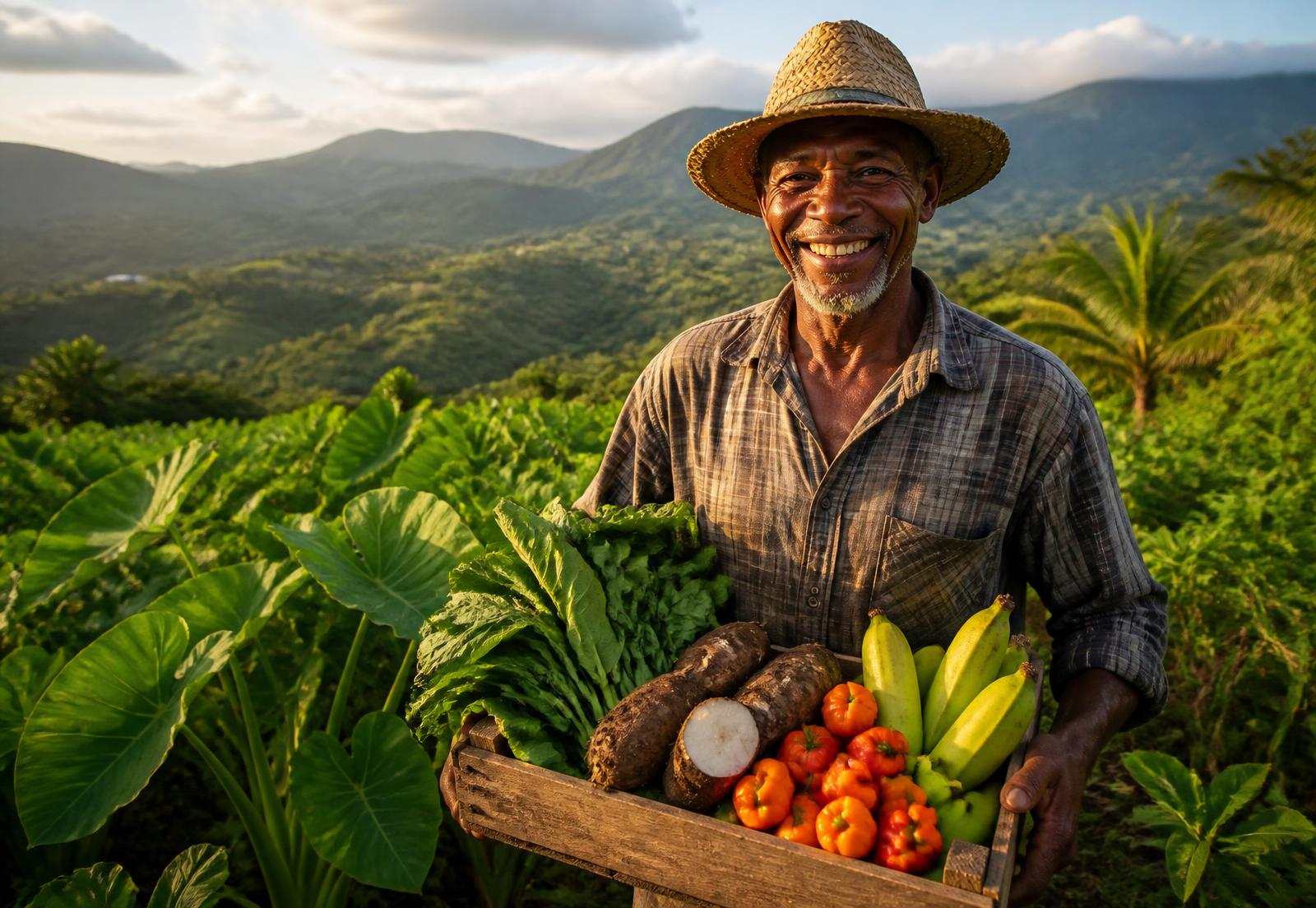 Jamaican farmer holding a crate of fresh produce on a hillside farm